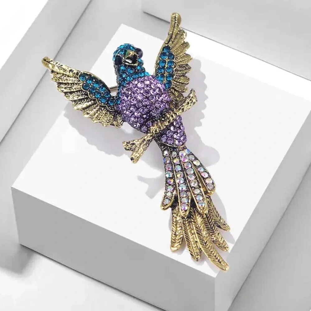Gold-Tone Crystal Parrot Brooch - Purple & Teal